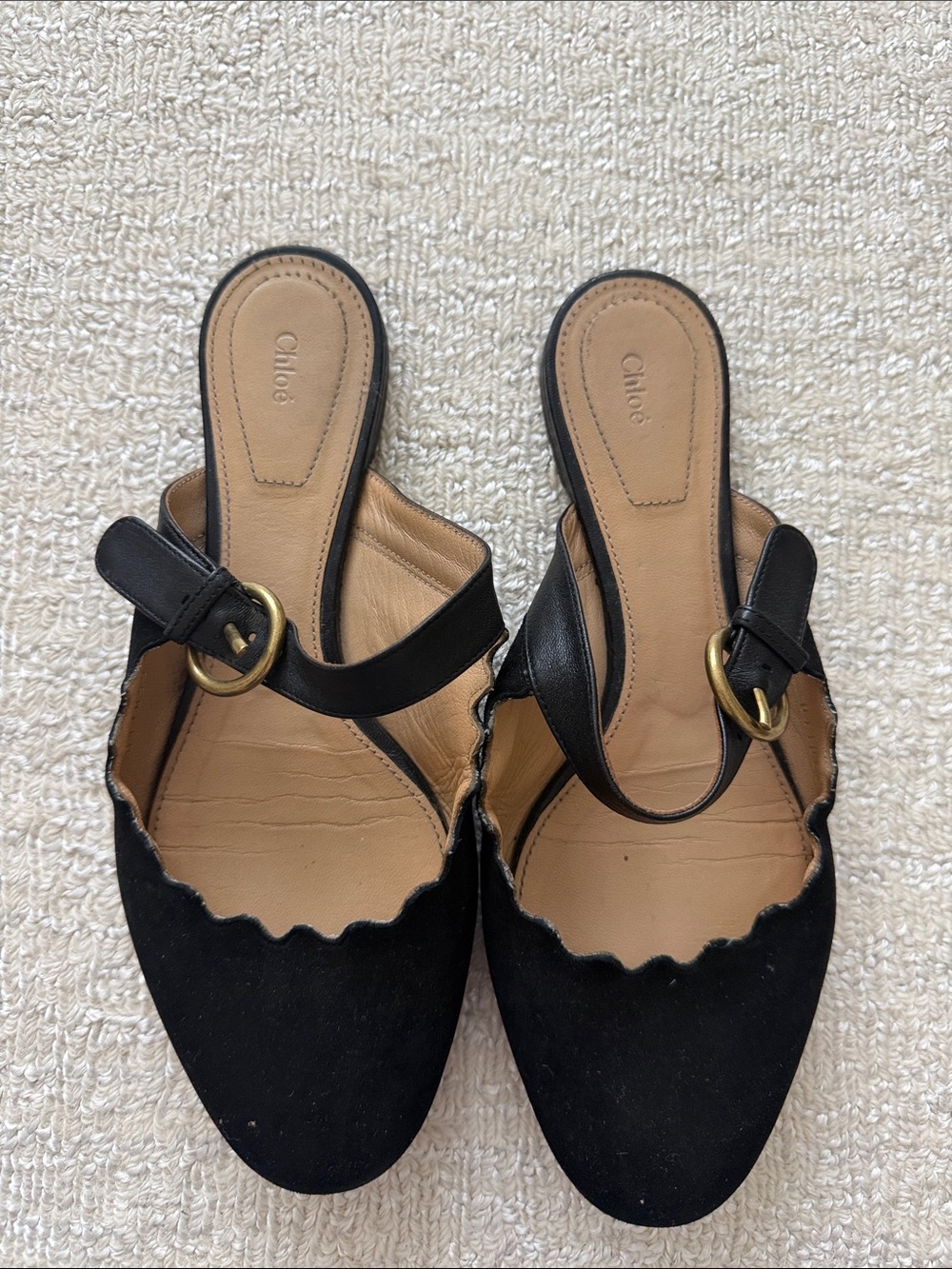 Chloe Black Scalloped Flats with Buckle Strap - size 7 - Picture 4 of 9